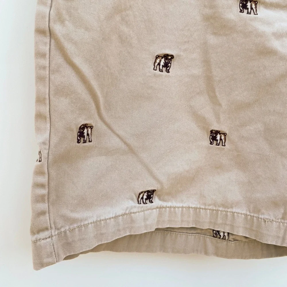 Bulldog Embroidered‎ Chino Shorts Size 42 Mens Tan Khaki Cotton Twill Preppy